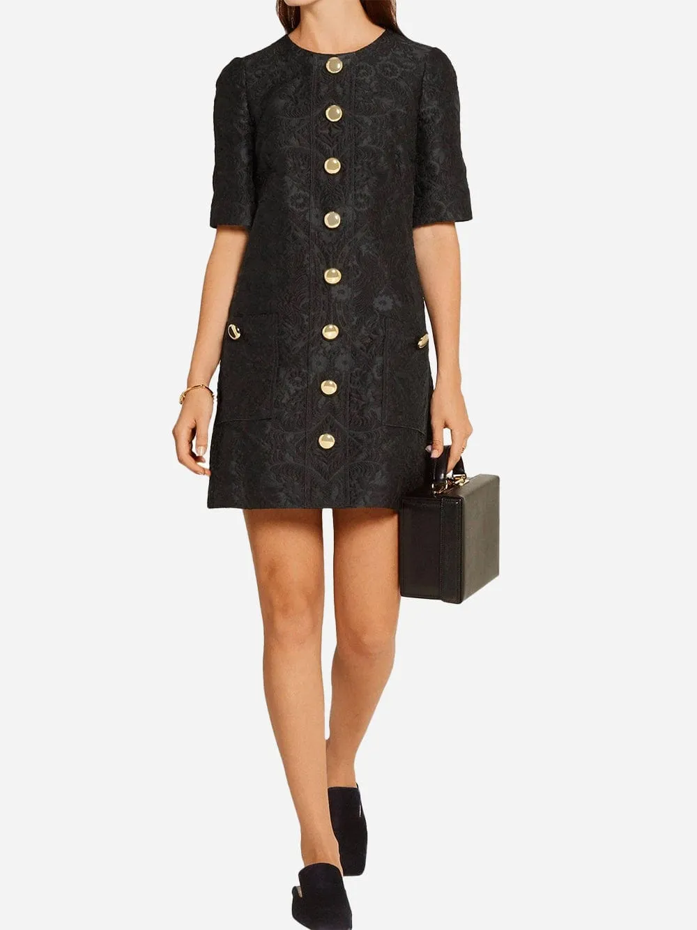 Jacquard Button-Embellished Mini Dress