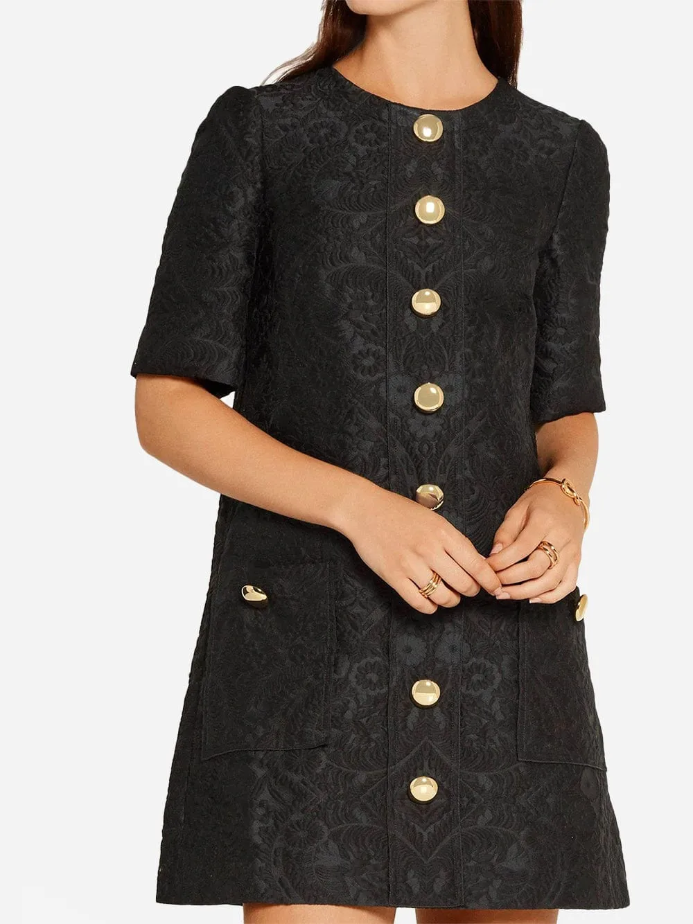 Jacquard Button-Embellished Mini Dress