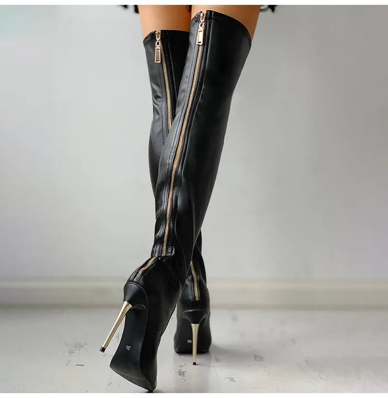 Leather Over The Knee Zipper Long Boots With Thin Heel