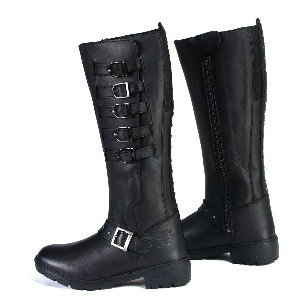MBL9395 Women's Black 17-Inch Side Strap Riding Leather Boots with Side Zipper