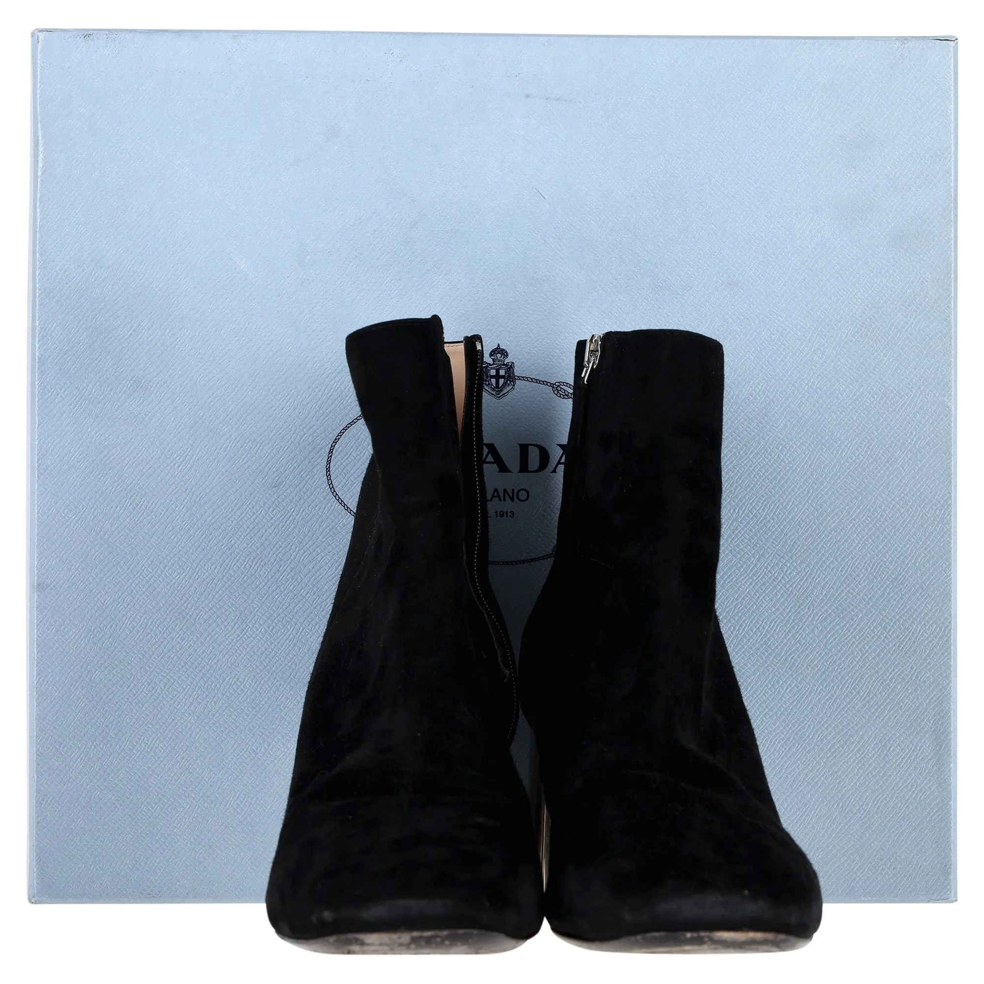 Prada Metallic Block Heel Ankle Boots in Black Suede