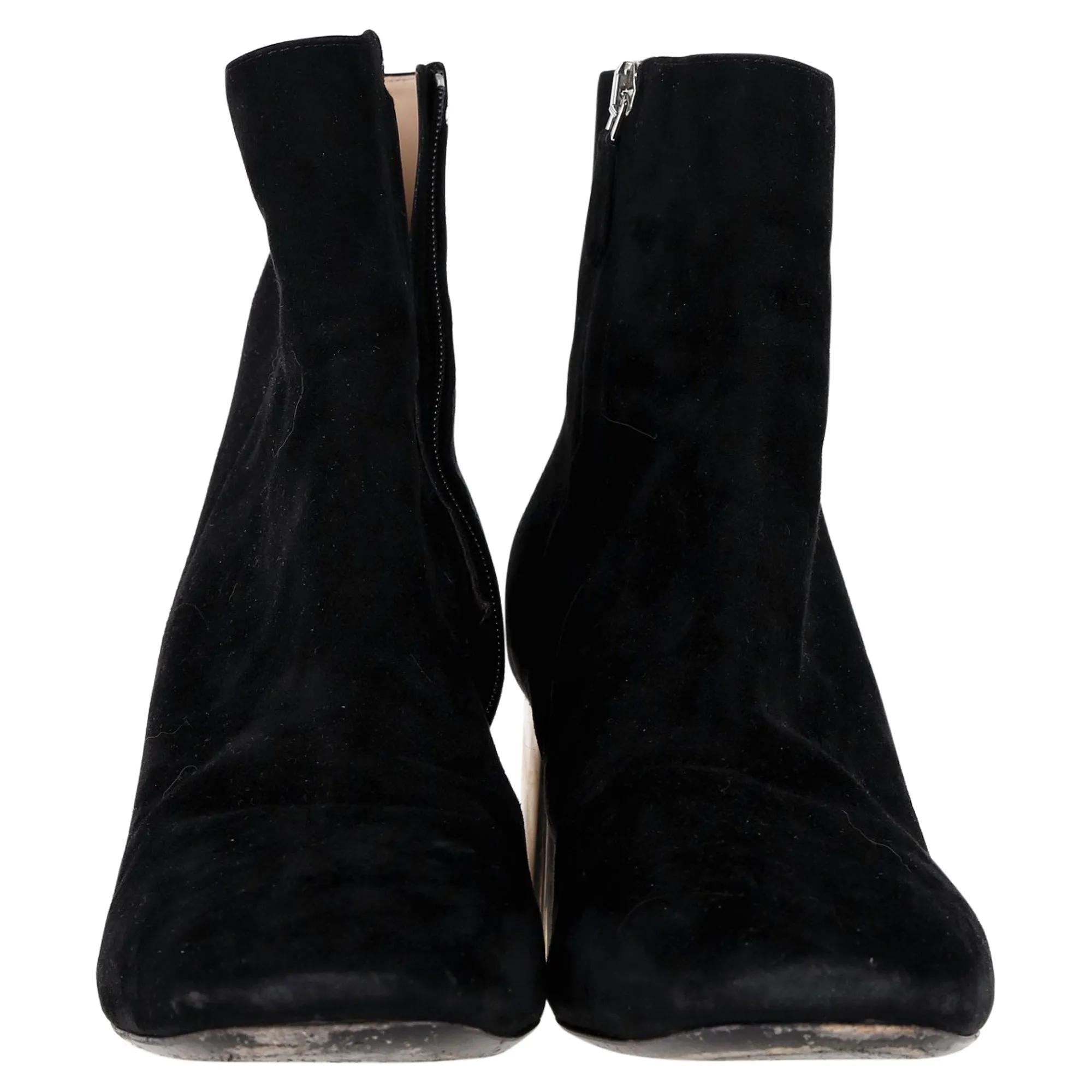 Prada Metallic Block Heel Ankle Boots in Black Suede