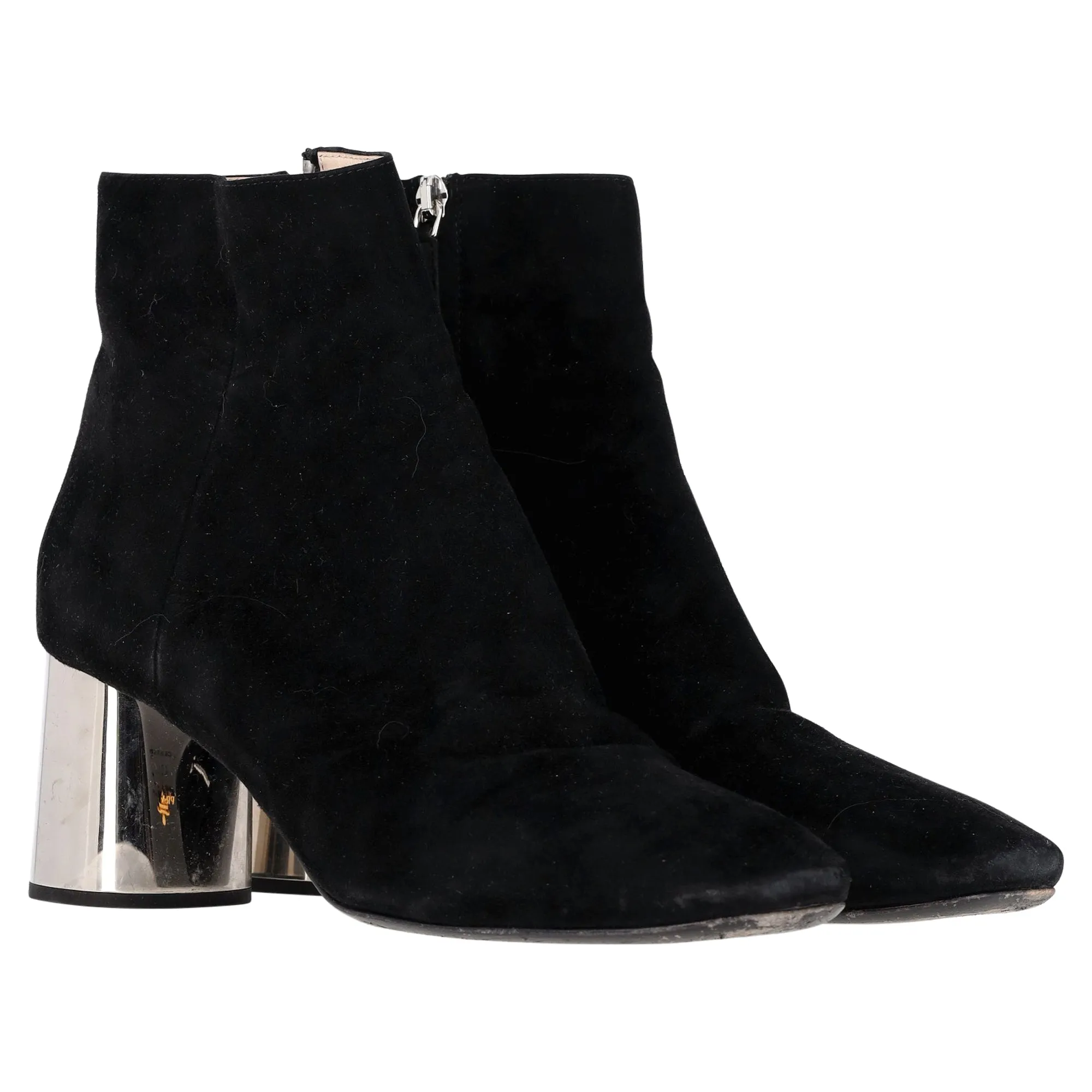 Prada Metallic Block Heel Ankle Boots in Black Suede