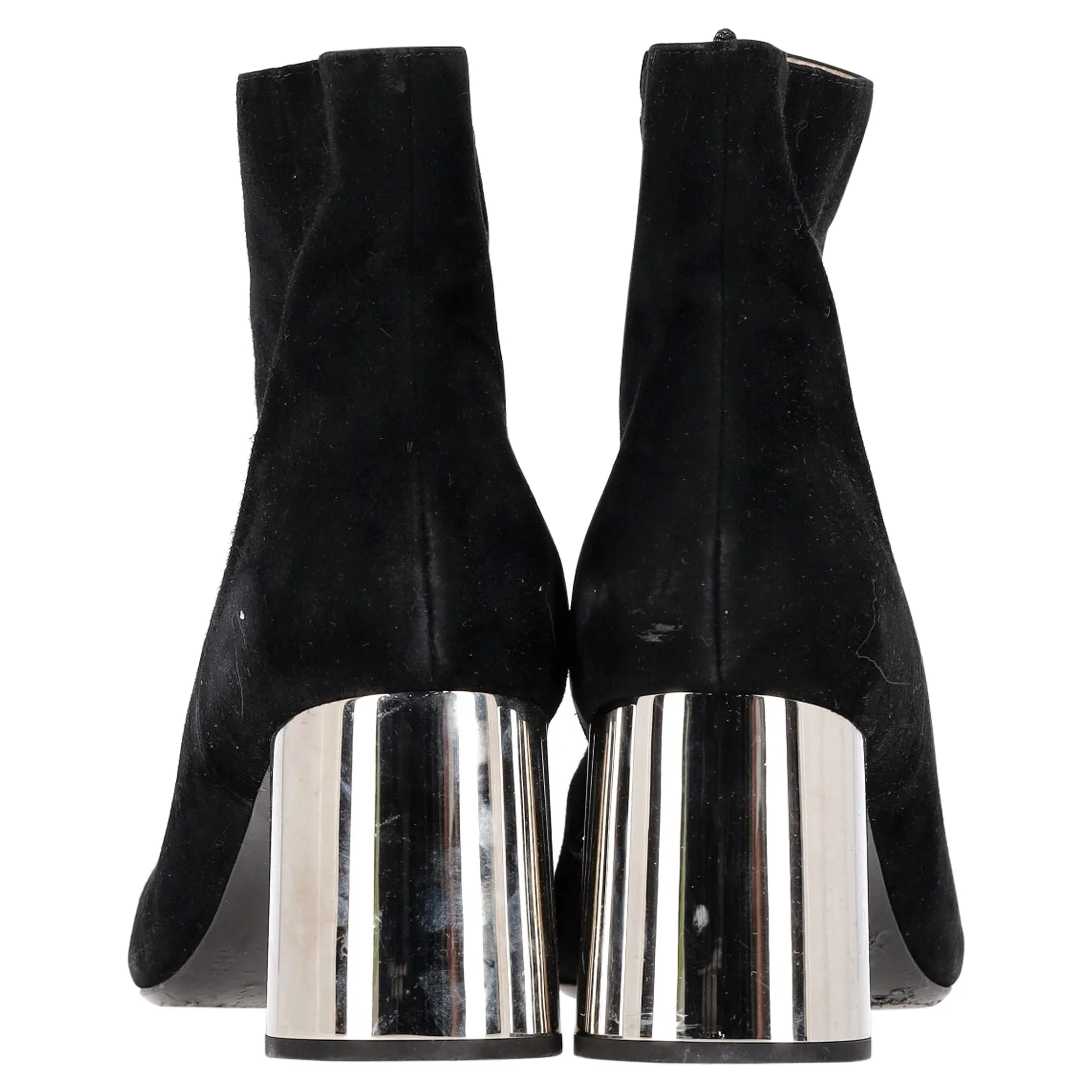 Prada Metallic Block Heel Ankle Boots in Black Suede
