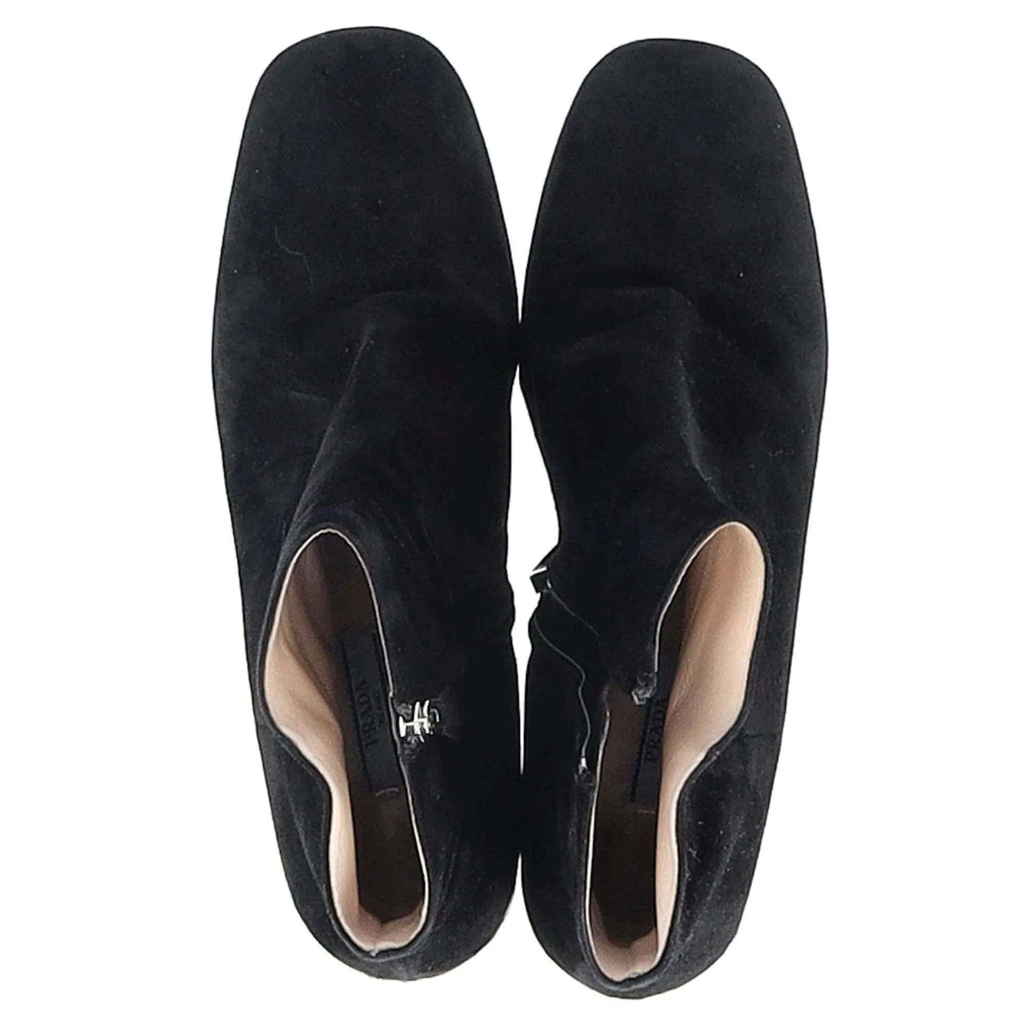 Prada Metallic Block Heel Ankle Boots in Black Suede