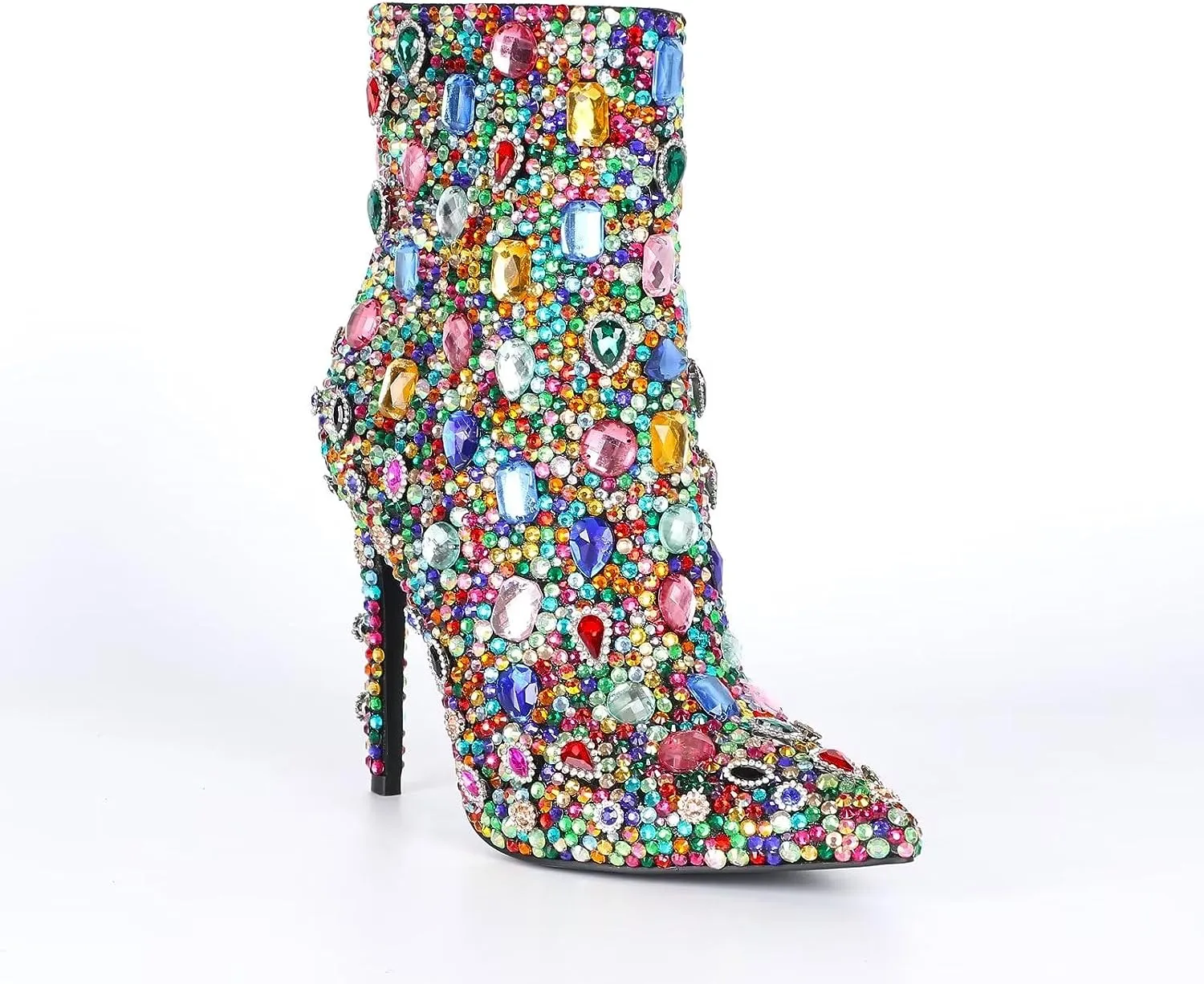 Rainbow Rhinestone Embellished Stiletto Heel Ankle Boots