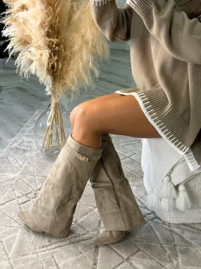 Serena Knee High Fold Over Suede Boots- Camel