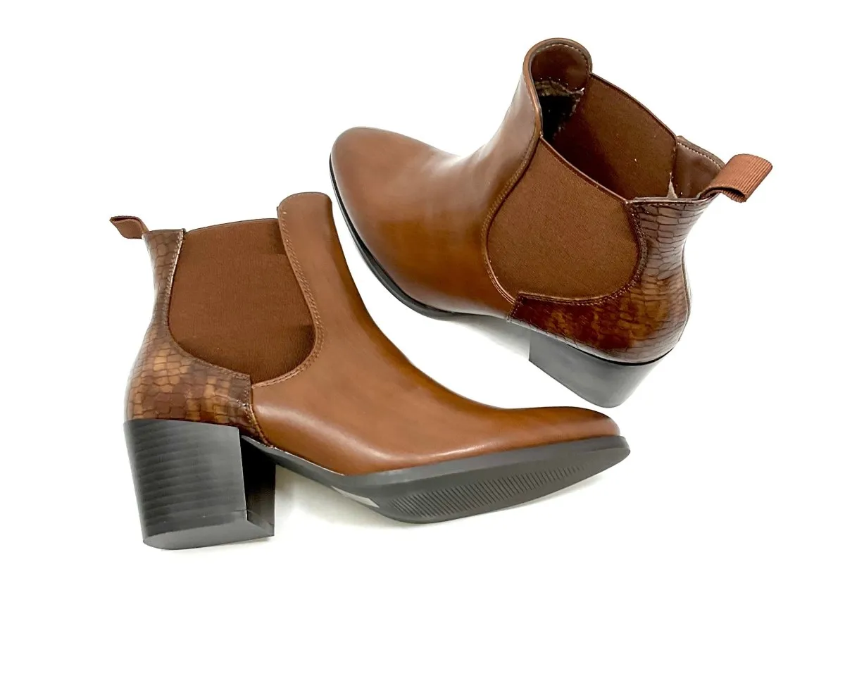 Tan Brown Crocodile Print Ankle Boots