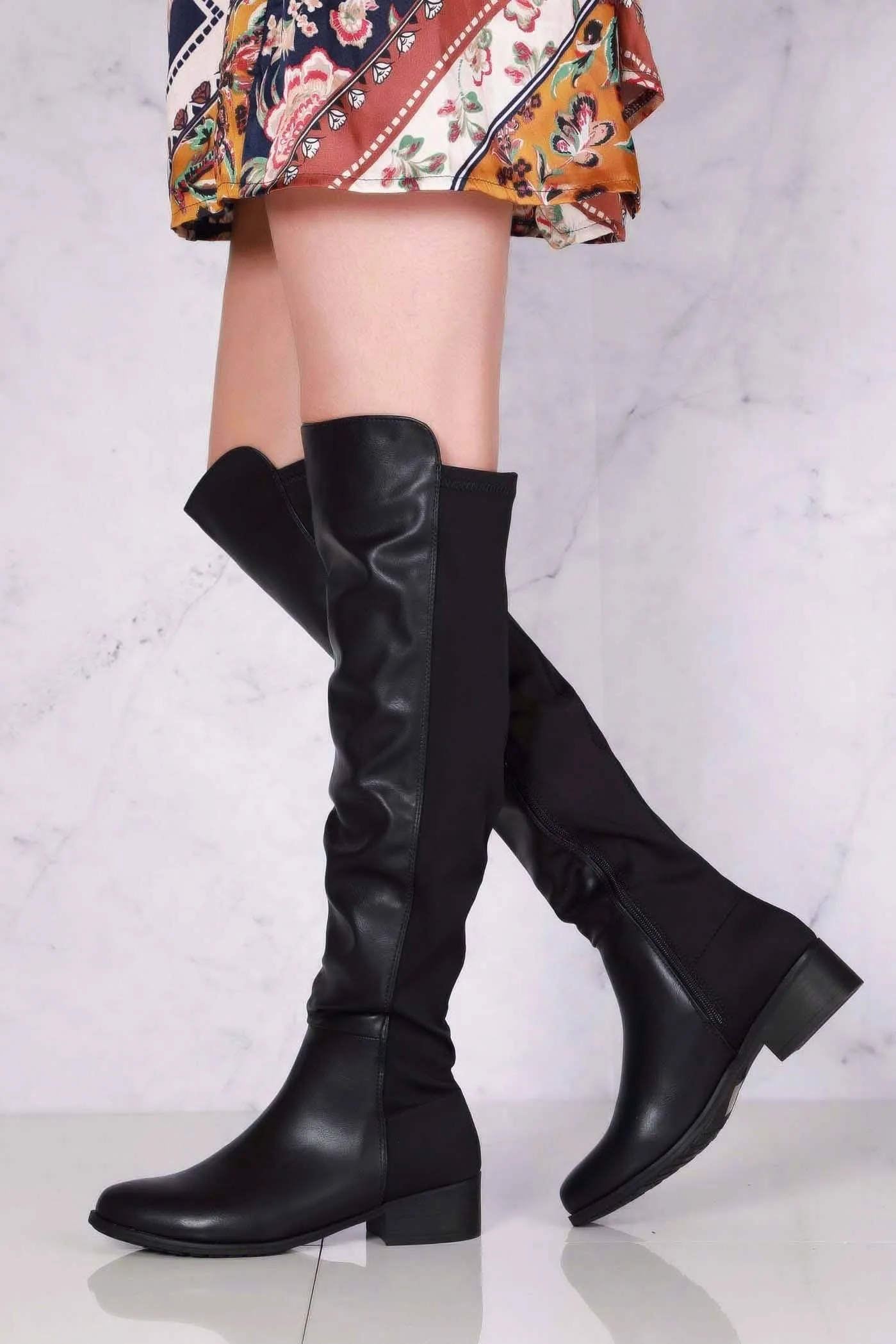 Tyla Over The Knee Elasticated Back Boot in Black Matt
