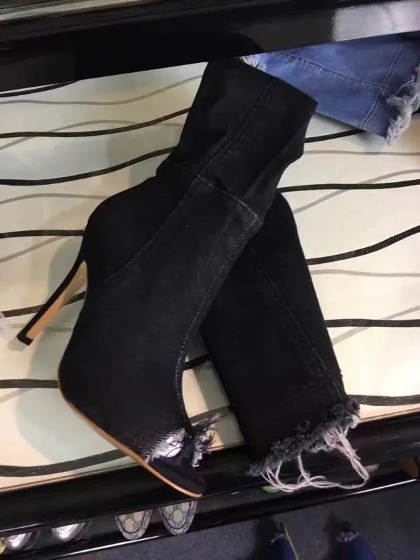 Women's denim peep toe over the knee high heeled boots elastic stiletto heeled zipper boots