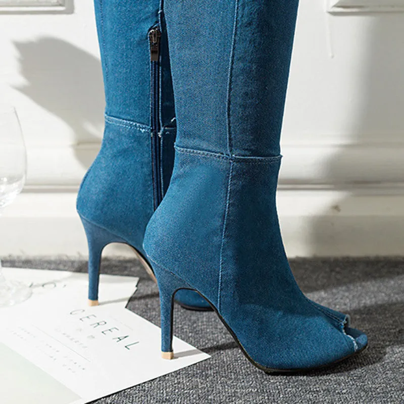 Women's denim peep toe over the knee high heeled boots elastic stiletto heeled zipper boots