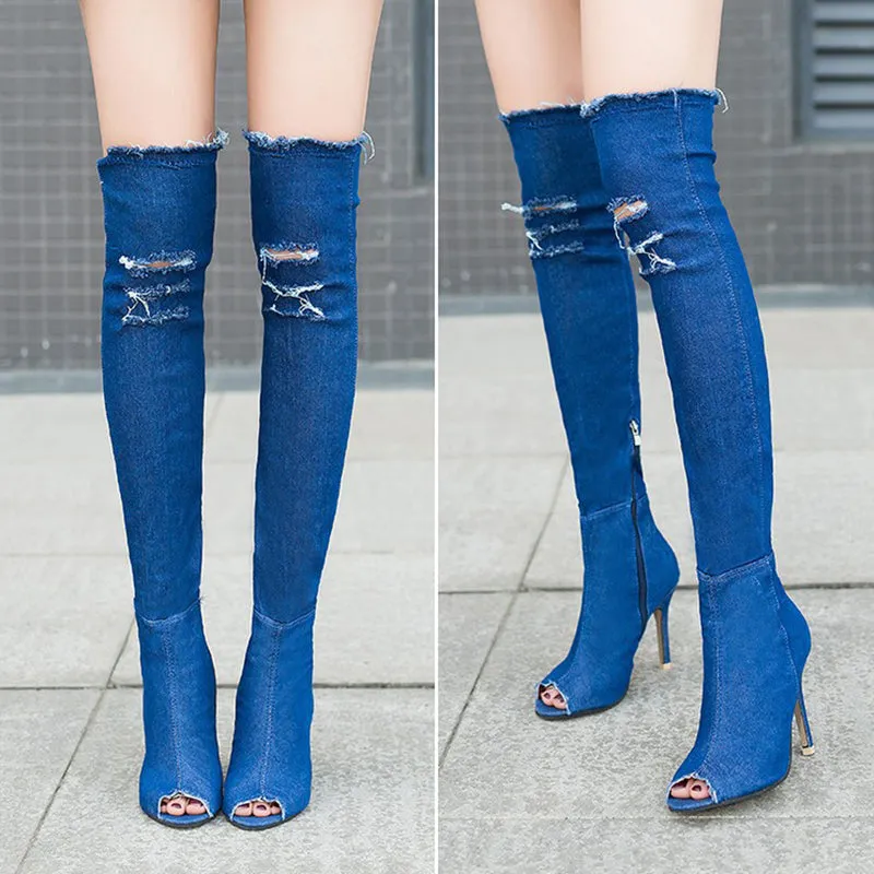 Women's denim peep toe over the knee high heeled boots elastic stiletto heeled zipper boots