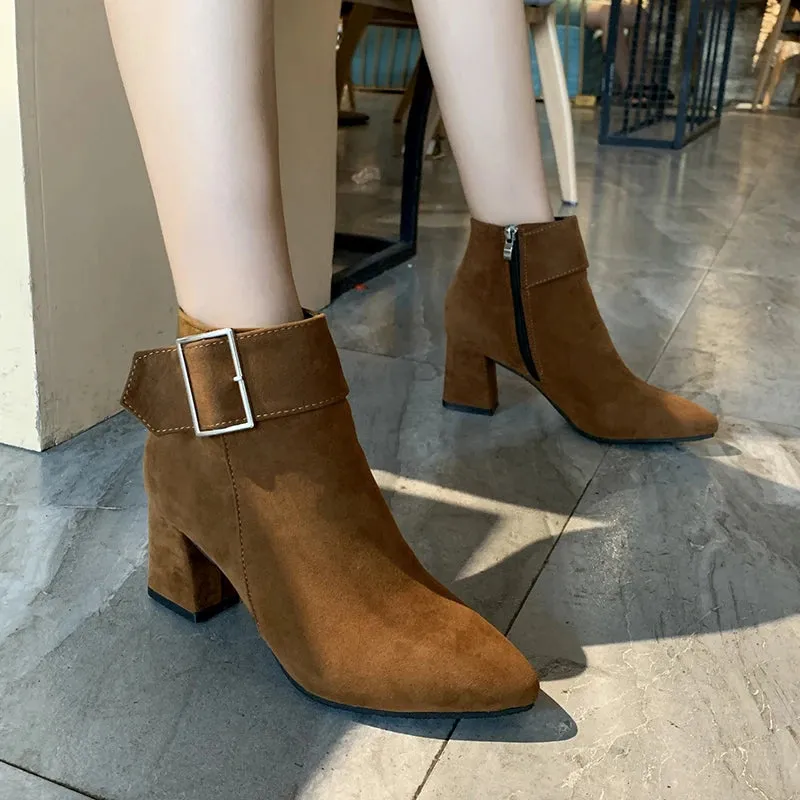 Women's Fashion Leather Ankle Boots Women Mid-Heel Pointed High Heel Wedding Boots