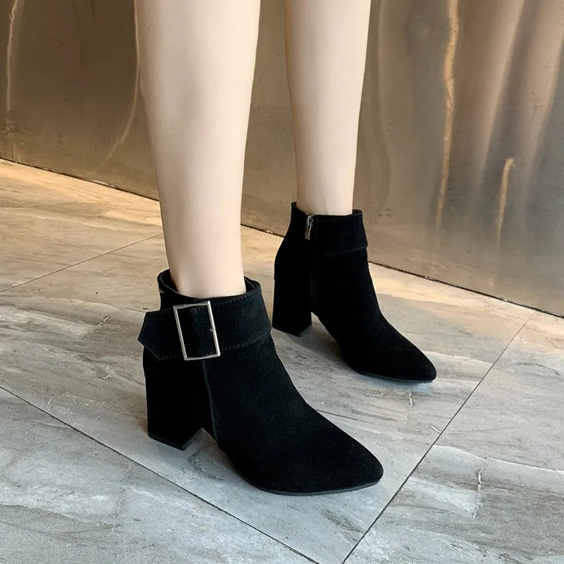 Women's Fashion Leather Ankle Boots Women Mid-Heel Pointed High Heel Wedding Boots