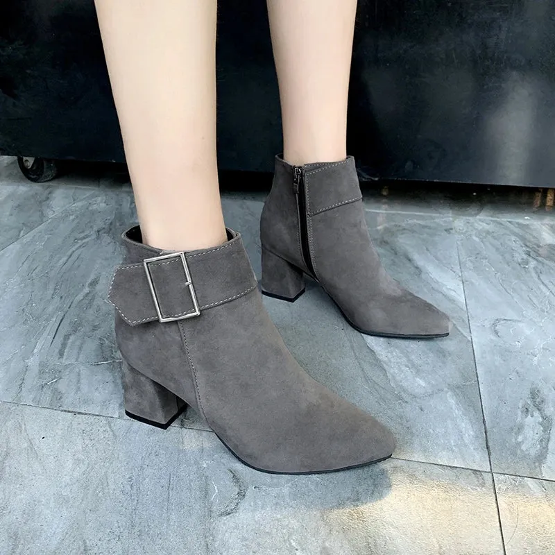 Women's Fashion Leather Ankle Boots Women Mid-Heel Pointed High Heel Wedding Boots