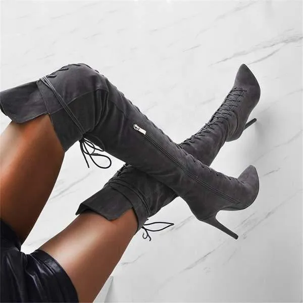 Women'S Pointed Toe Lace-Up Over The Knee Boots 71718316C