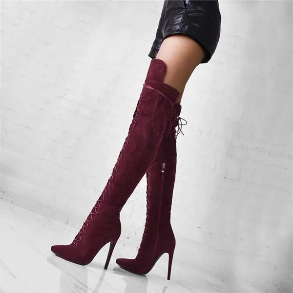 Women'S Pointed Toe Lace-Up Over The Knee Boots 71718316C