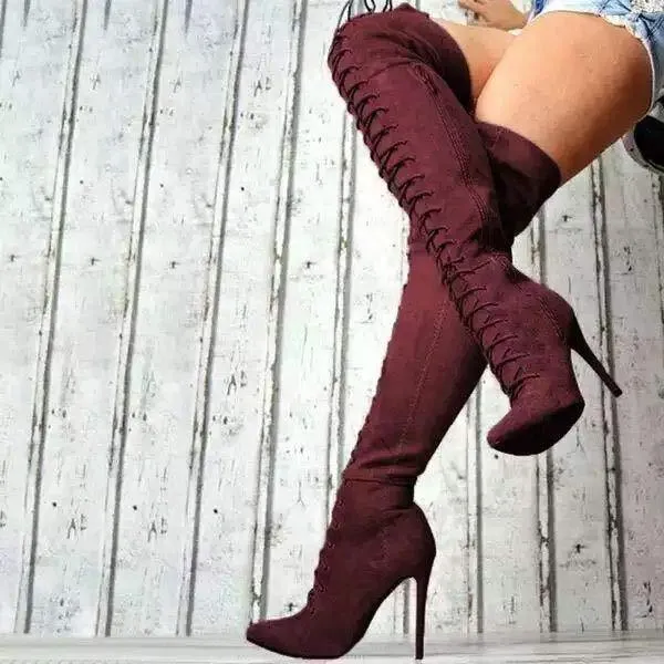 Women'S Pointed Toe Lace-Up Over The Knee Boots 71718316C